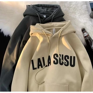 พร้อมส่ง🔥ไซซ์ M-8XL🍀เสื้อกันหนาวแขนยาว มีฮู้ด ผ้ากํามะหยี่ แบบนิ่ม พิมพ์ลายตัวอักษร LALA ทรงหลวม ขนาดใหญ่ สไตล์อเมริกัน สําหรับผู้ชาย และนักเรียน
