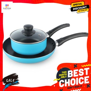 ชุดกระทะเคลือบเทปล่อน และหม้อต้มพร้อมฝาปิด คละสี Teflon coated pan set and boiling pot with lid, assorted c