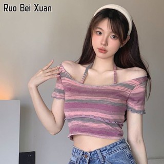 RUO BEI XAUN เสื้อยืดสตรีแฟชั่นสไตล์เกาหลีแขนสั้นไหล่เดียวลายทาง