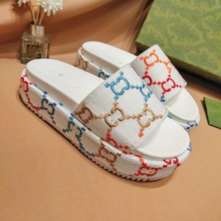 Gucci รองเท้าแตะ ส้นหนา ปักลาย สไตล์ยุโรป 2022