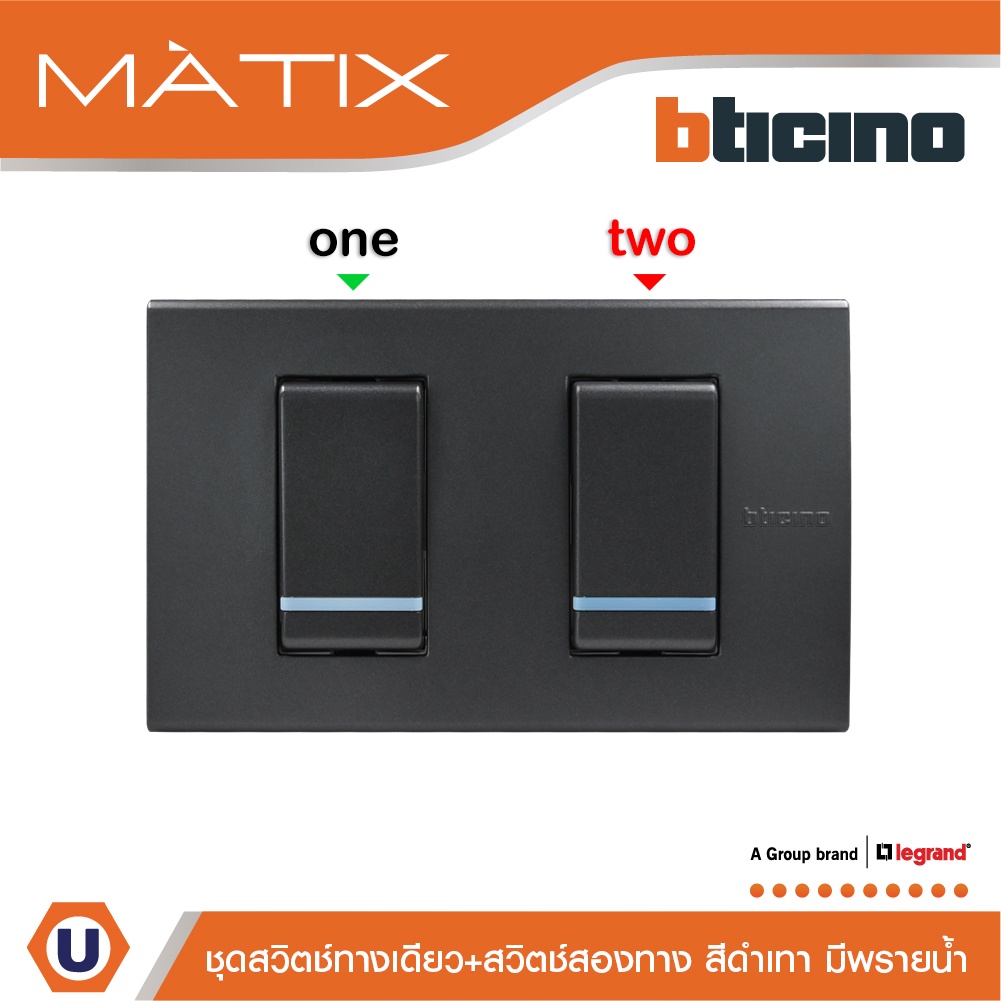 BTicino ชุดสวิตซ์ทางเดียว+สวิตซ์สองทาง มีพรายน้ำ พร้อมฝาครอบ 2ช่อง สีดำ | Matix | AG5001WTLN+AG5003W