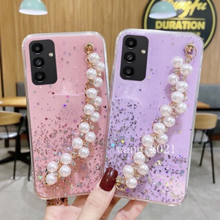 เคสโทรศัพท์มือถือ ซิลิโคนนิ่ม ปิดด้านหลัง ลายกลิตเตอร์ดาว พร้อมสายคล้องมือ ประดับมุก สําหรับ Samsung Galaxy S23 S23+ Ultra S23 Plus A14 5G