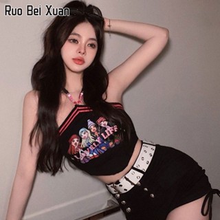 RUO BEI XUAN เสื้อชั้นในสตรี 2023 ใหม่สไตล์เกาหลีแฟชั่นพิมพ์แขนกุดเว้าหลังเสื้อกั๊กยกทรง