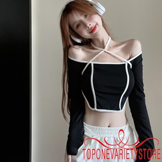 Topone- เสื้อครอปท็อป แขนยาว ผูกเชือก คอผูกเชือก เย็บปะติดปะต่อกัน ทรงไม่สมมาตร สําหรับผู้หญิง ปาร์ตี้ประจําวัน