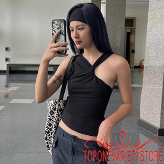 Topone- เสื้อกล้ามครอป แขนกุด โชว์สะดือ สีพื้น ทรงไม่สมมาตร เหมาะกับฤดูร้อน สําหรับผู้หญิง Y2K