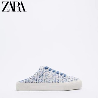 Zara รองเท้าผ้าใบมุลเลอร์ พื้นนิ่ม ไม่มีส้น สีฟ้า สําหรับผู้หญิง