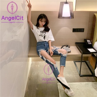 Angelcity ※ กางเกงยีนขายาว เอวสูง เข้ารูป แต่งรอยขาด ขนาดใหญ่ แฟชั่นฤดูใบไม้ผลิ และฤดูใบไม้ร่วง สําหรับสตรี