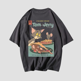 2023เสื้อยืดพิมพ์ลายแฟชั่นเสื้อยืด โอเวอร์ไซซ์ พิมพ์ลาย Tom &amp; Jerry สไตล์วินเทจ