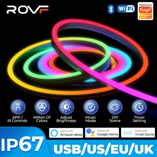 Rovf Tuya สายไฟ Led RGB IC IP67 5M 24 คีย์ USB กันน้ํา พร้อมรีโมตคอนโทรล Alexa Google Home APP