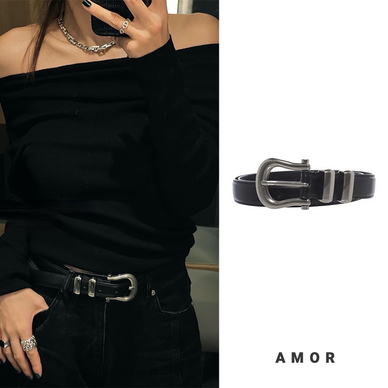 เข็มขัด PU สีดํา unisex Vintage อเนกประสงค์