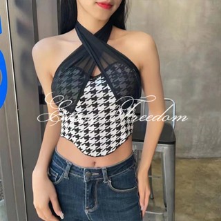 Enjoy Freedom ฤดูร้อนปี 2023 ของผู้หญิงใหม่เซ็กซี่ข้ามเชือกแขวนคอคอ houndstooth ยกทรง