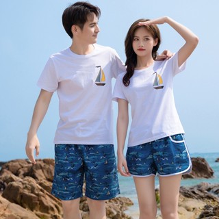 BBB Couple Short Sleeve Floral Print Swimwear Beach Shorts Loose Quick Dry Swim Surfing Trunks Women Swim Suit Hot Spring Wear Lovers Pack