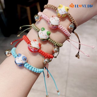 กําไลข้อมือเซรามิค เชือกถัก แฮนด์เมด รูปแมวนําโชค สามารถปรับได้ สําหรับคู่รักเพื่อนรัก