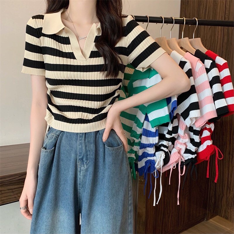 Oliviaเสื้อยืดไหมพรม ลายทาง ไหมพรมคอวี เเต่งเชือกรูด2ข้าง สีสดใส #A36
