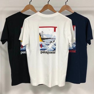 เสื้อยืดแขนสั้นลําลอง ผ้าฝ้าย พิมพ์ลายโลโก้ Patagonia Ukiyo-e wave ขนาดใหญ่ สามสี แฟชั่นฤดูร้อน