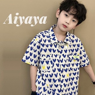 Aiyaya เสื้อผ้าเด็กผู้ชาย เสื้อเด็กผู้ชาย เกาหลี boy เสื้อเชิ้ตแขนสั้นลายหัวใจ（547）