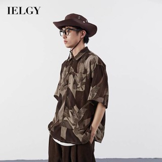 IELGY เสื้อเชิ้ต แขนสั้น ลายดอกไม้ สไตล์ฮ่องกง ย้อนยุค แบบบาง สําหรับผู้ชาย