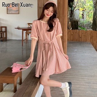 RUO BEI XUAN ชุดเดรสสตรีสไตล์เกาหลีใหม่ลายสก๊อตอารมณ์ชุดเดรสเอวบาง