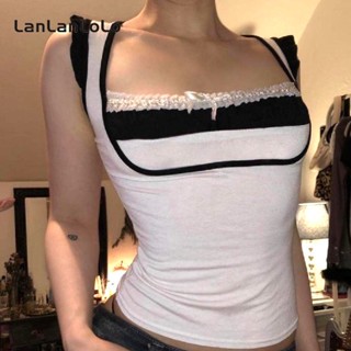 Lanlanlolo เสื้อกล้ามสั้น เข้ารูป แต่งลูกไม้ สีตัดกัน สําหรับผู้หญิง 2023