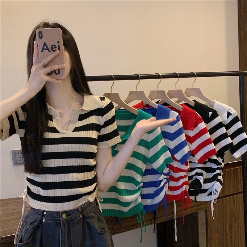 KFCเสื้อยืดไหมพรม ลายทาง ไหมพรมคอวี เเต่งเชือกรูด2ข้าง สีสดใส #A36