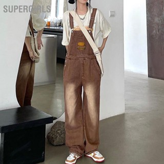  SUPERGIRLS ผู้หญิง Overalls ขากว้างสายรัดปรับได้หลวม Fit Lady Suspender Jumpsuit พร้อมกระเป๋าสำหรับฤดูใบไม้ผลิฤดูใบไม้ร่วง