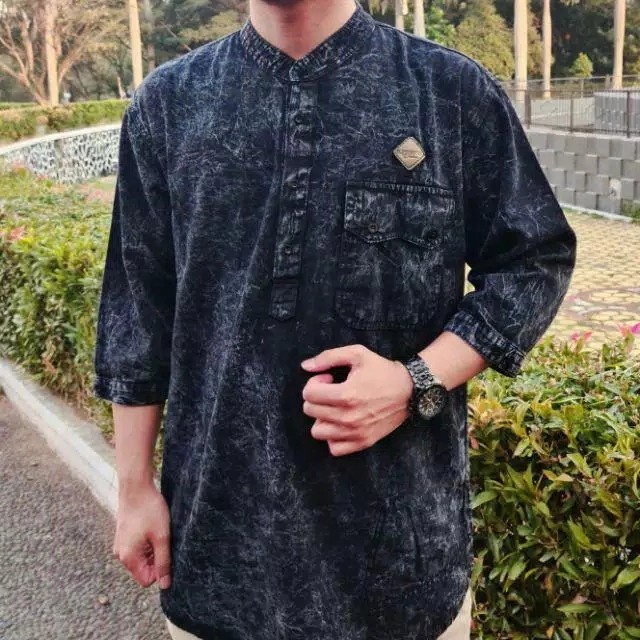 ผู้ชาย BAJU KURTA กางเกงยีนส์นําเข้า DENIM SANDWASH สีดํา SML XL XXL คุณภาพเทรนด์ L0I8