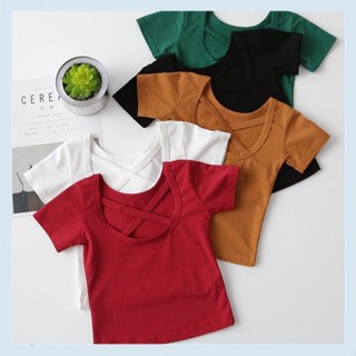 Girls cotton short-sleeved T-shirt summer 2021 New Super foreign-style childrens wear babys back cross backless top