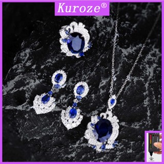 Kuroze หรูหรา ไพลิน สีอัญมณี ต่างหู จี้สร้อยคอ แหวนเพชร สีฟ้า