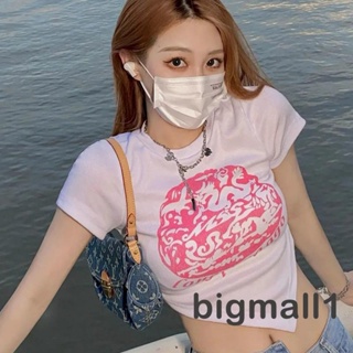 Bigmall-เสื้อยืดครอปท็อป คอกลม แขนสั้น พิมพ์ลายกราฟฟิค สไตล์วินเทจ สําหรับผู้หญิง