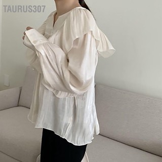 Taurus307 ผู้หญิง Flowy Ruffle เสื้อสีบริสุทธิ์คอ V แขนโคมไฟเสื้อสวมหัวระบายอากาศ