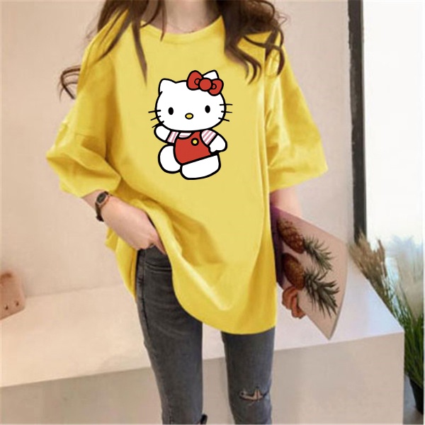 เสื้อยืดคอกลม แขนสั้น ลายการ์ตูนคิตตี้ ทรงหลวม สไตล์เกาหลี เหมาะกับฤดูร้อน สําหรับผู้หญิง และนักเรียน