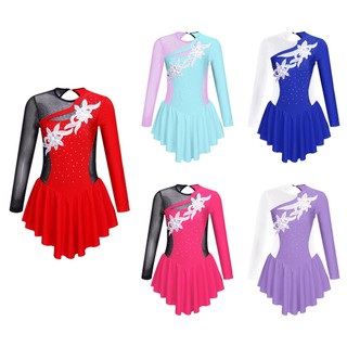 Kids Girls Stylish Clothing Long Sleeve Round Neckline Shiny Rhinestone Flower Decorated Hollow Back Patchwork Style Skating Dance Dress