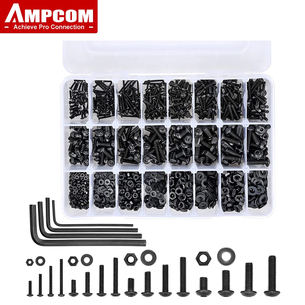 AMPCOM 1225 ชิ้น M2 M3 M4 M5 Nuts เครื่องซักผ้าสกรูชุด, โลหะผสมเหล็กคาร์บอน Hex ปุ่มหัวหมวก Bolts Assortment ชุด Hex ประแจ