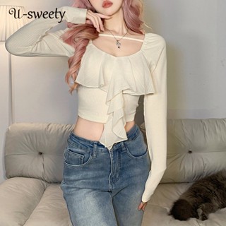 U-sweety ใหม่ เสื้อยืดคอกลม แขนยาว ผ้าถัก สีพื้น เรียบง่าย แฟชั่นสําหรับผู้หญิง 2023