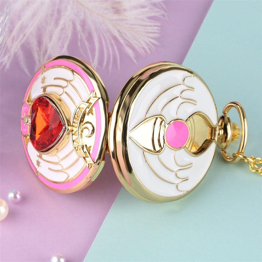 Fashionhubz SAILOR MOON นาฬิกาพ็อกเก็ตสไตล์ญี่ปุ่นแบบพกพา Sweet CARDCAPTOR SAKURA Star Wings คริสตัล Key Shape สร้อยคอนาฬิกา
