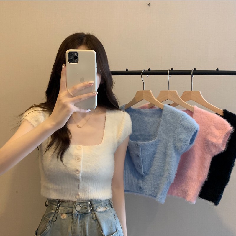 Dahong เสื้อครอปไหมพรม เสื้อยืด แขนสั้น คอสี่เหลี่ยม ผ้ากํามะหยี่ขนนิ่ม น่ารัก งานเกาหลี 9323-8