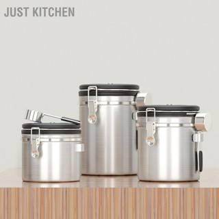  Just Kitchen คอนเทนเนอร์กาแฟสุญญากาศ 304 สแตนเลสพร้อมวาล์วระบายช้อนเหล็กกระป๋องกาแฟสำหรับครัวในบ้าน