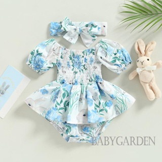 Babygarden-0-18 เดือน ชุดรอมเปอร์ แขนสั้น เปิดไหล่ พิมพ์ลายกระต่าย ดอกไม้ + ที่คาดผม สําหรับเด็กผู้หญิง