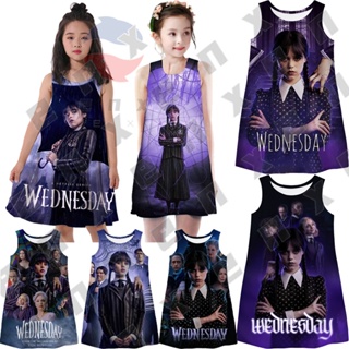 Enx เสื้อยืด พิมพ์ลายตัวอักษร Wednesday Addams Costume Dress Kids 3D น่ารัก แฟชั่น สําหรับเด็กผู้หญิง