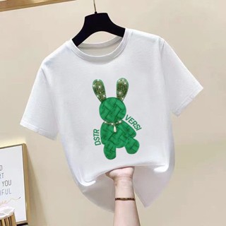 เสื้อยืดคอกลม แขนสั้น ผ้าฝ้าย 100% ประดับเพชร ทรงหลวม แฟชั่นฤดูร้อน สําหรับผู้หญิง 2023