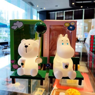 Starbucks โคมไฟกลางคืน รูปการ์ตูนหมี Moomin Co-Branded สไตล์ฮิปโปน่ารัก ใช้แบตเตอรี่ สําหรับตกแต่งโต๊ะ