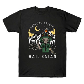 เสื้อยืดผู้ชาย ผ้าฝ้าย สีดํา แขนสั้น พิมพ์ลายแพะ Explore Nature Hail Satan_04