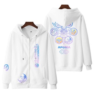 ใหม่ เสื้อกันหนาว เสื้อแจ็กเก็ต แขนยาว มีฮู้ด พิมพ์ลายอนิเมะ Honkai Impact Aponia 3 มิติ มีซิป ทรงหลวม สไตล์ญี่ปุ่น แฟชั่นสําหรับผู้ชาย และผู้หญิง