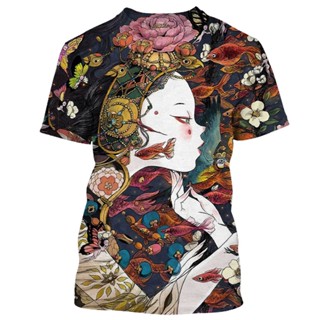 เสื้อยืดแขนสั้นลําลอง พิมพ์ลายกราฟฟิค Geisha แฟชั่นฤดูร้อน สไตล์ฮาราจูกุ สําหรับผู้ชาย 2022