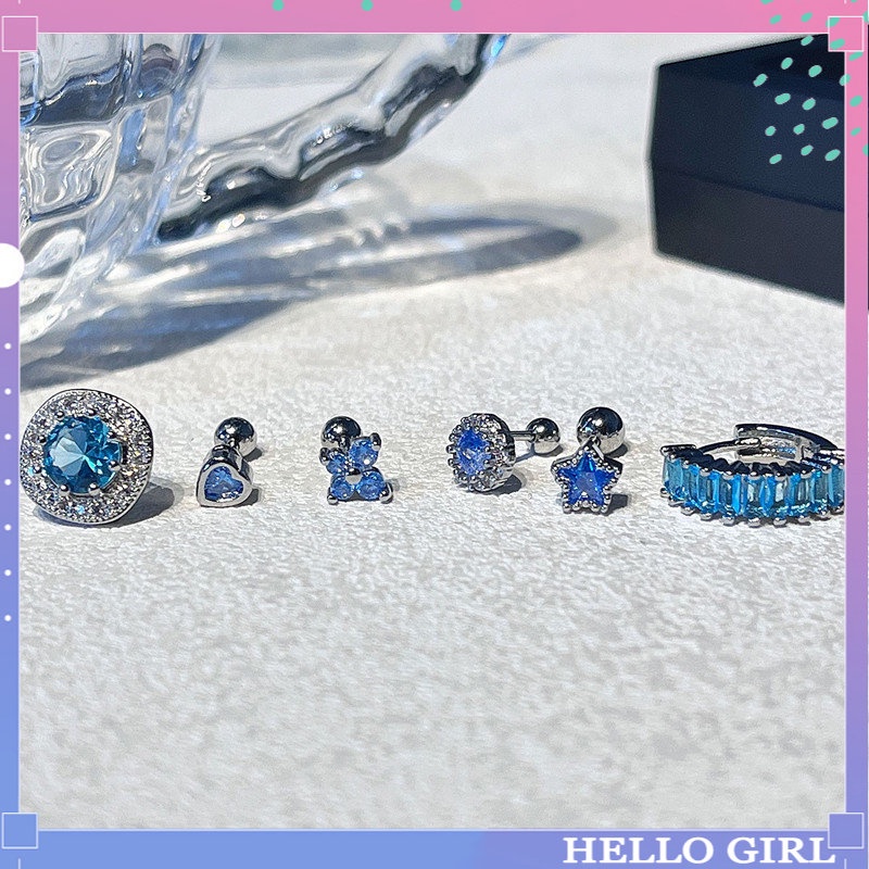 ต่างหูสตั๊ดเกลียว ประดับเพทาย สีฟ้าแวววาว เครื่องประดับ สําหรับผู้หญิง