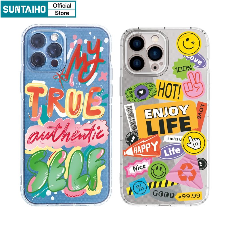 Suntaiho เคสโทรศัพท์มือถือแบบนิ่ม TPU ใส กันฝุ่น ลายฉลากสติกเกอร์ แฟชั่น สําหรับ iPhone 11 Pro Max 12 13 14 Pro XR XS Max 7 Plus 8 Plus