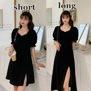 Large Size Slim Dress Temperament Square Neck Waist Slit French Black Hepburn Style A-line Dresses