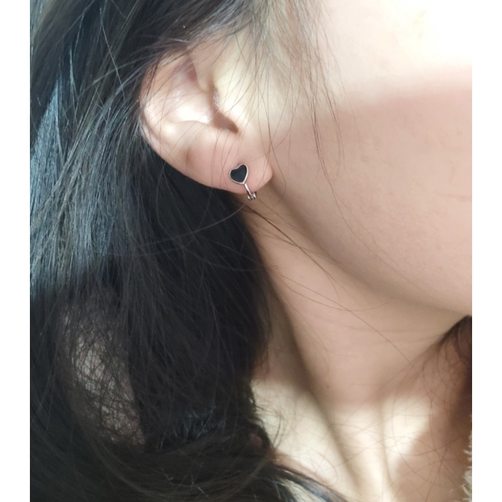 Roselife ต่างหูห่วงเงิน S925 ทรงกลม ลายหัวใจ สีดํา สไตล์เกาหลี เครื่องประดับแฟชั่น สําหรับผู้หญิง 1 คู่