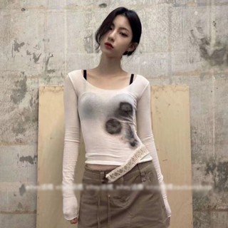 Eihey เสื้อแขนยาว คอมัดย้อม เข้ารูป ขนาดใหญ่ @-