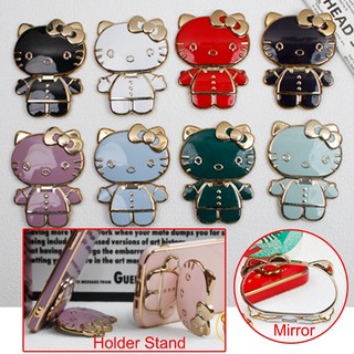 Cute Cartoon Hello Kitty Mobile Phone Holder & Makeup Mirror, Electroplating, Fashionable Portable Design, Intelligent Finger Grip